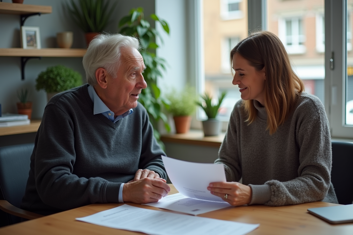 Homme âgé consulte avec une conseillère logement dans un bureau cosy
