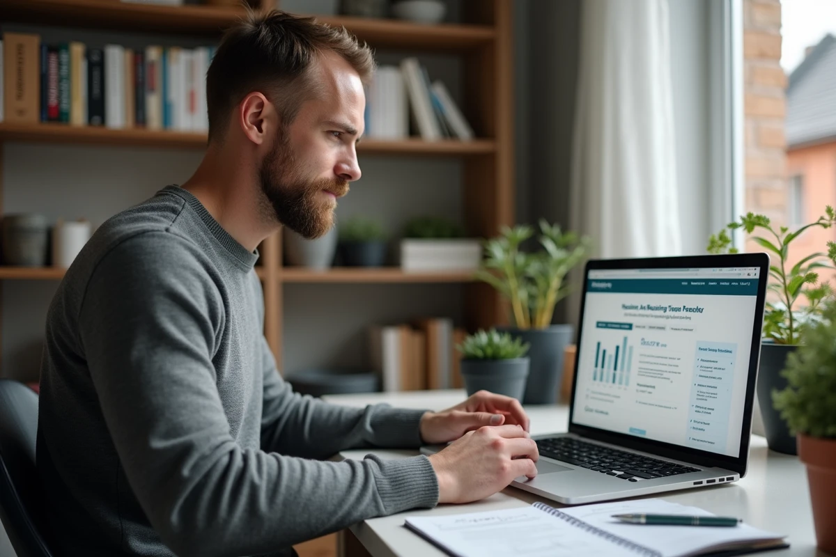 Homme consultant une plateforme de financement immobilier en ligne depuis son bureau à domicile, symbolisant les démarches numériques pour financer un projet avec une société spécialisée