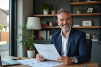 Homme d'âge moyen en costume bleu tenant des documents immobiliers