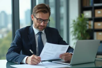 Homme d affaires en costume examine des documents de mortgage