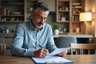 Homme d'âge moyen étudiant un contrat de vente dans une cuisine