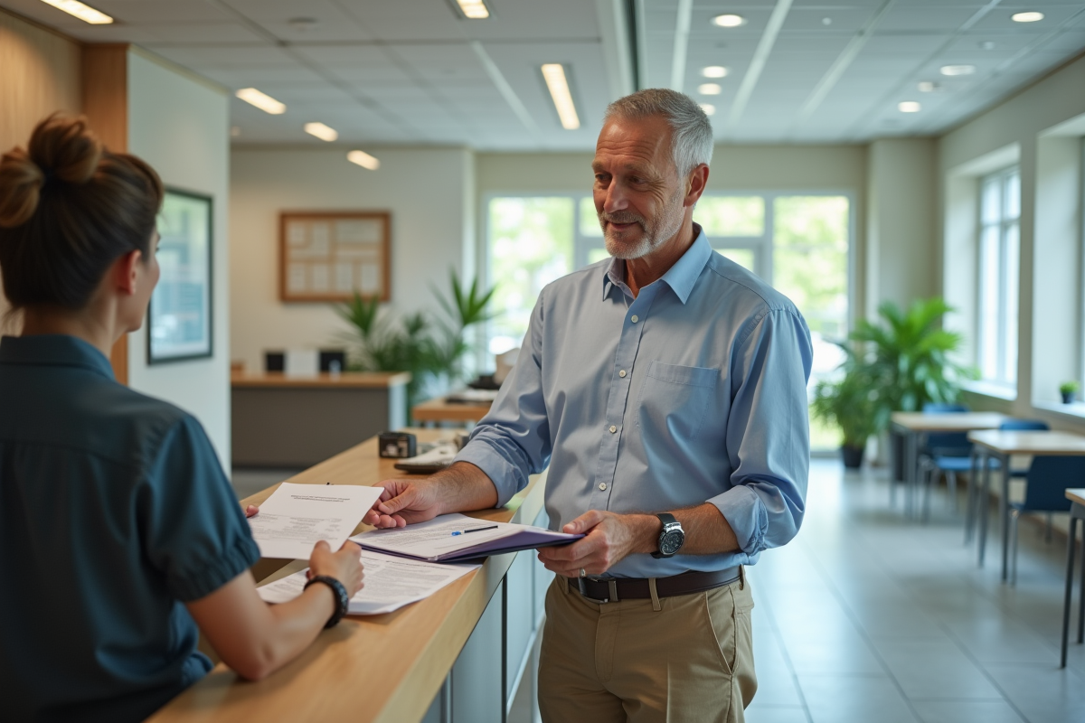 Homme remettant un dossier à un agent en mairie