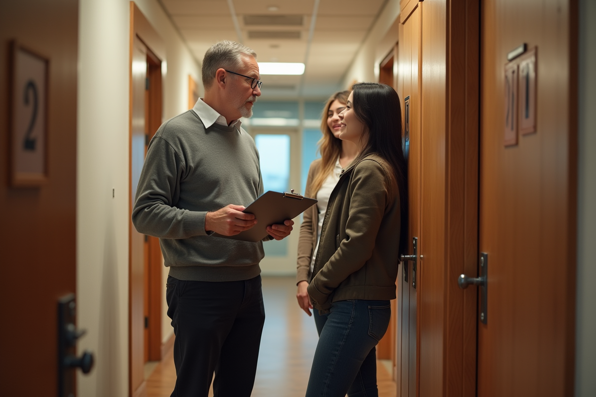 Homme expliquant les frais à un couple devant un appartement
