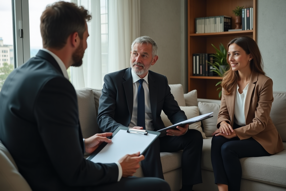 Homme professionnel parlant à un couple dans le salon