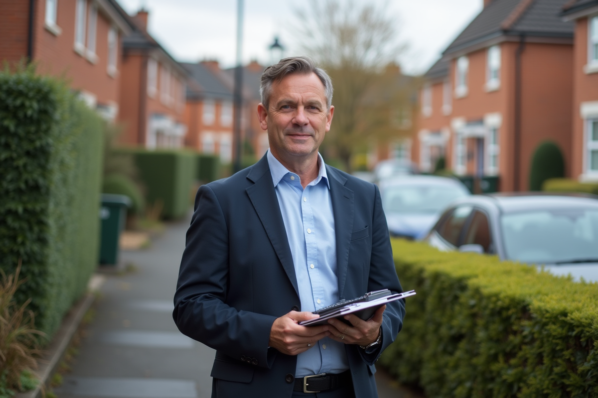 Homme d affaires devant une entrée de location avec un clipboard