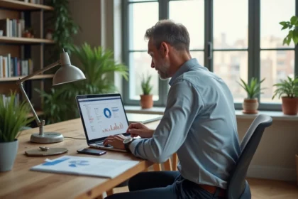 Homme d'âge moyen analysant un rapport immobilier dans son bureau