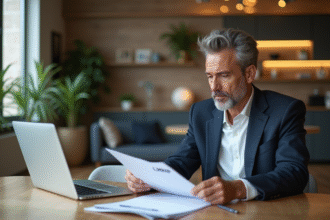 Homme concentré étudiant documents LMNP dans un appartement moderne