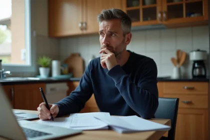 Homme inquiet étudiant des papiers dans la cuisine