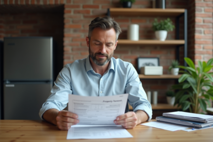 Homme d'âge moyen examinant des documents d'impôts dans une cuisine moderne