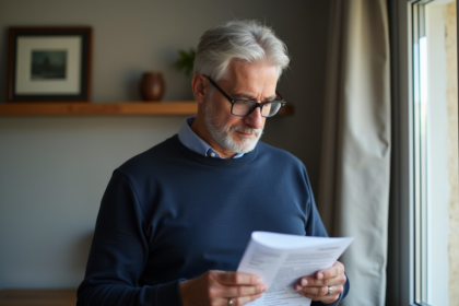 Homme d'âge moyen tenant des documents de taxe d'habitation