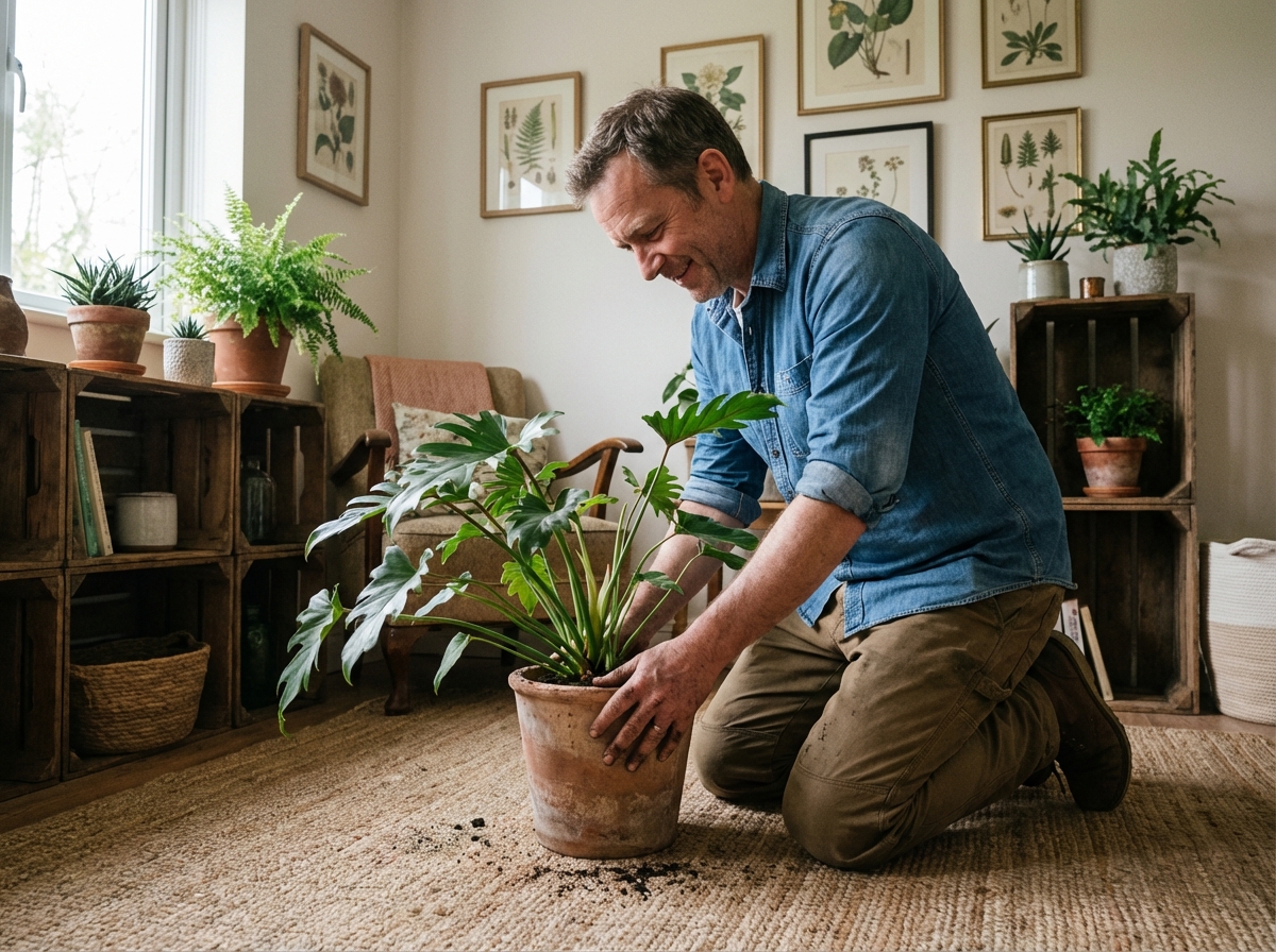 Homme posant une plante dans un pot en terre cuite dans un salon cosy