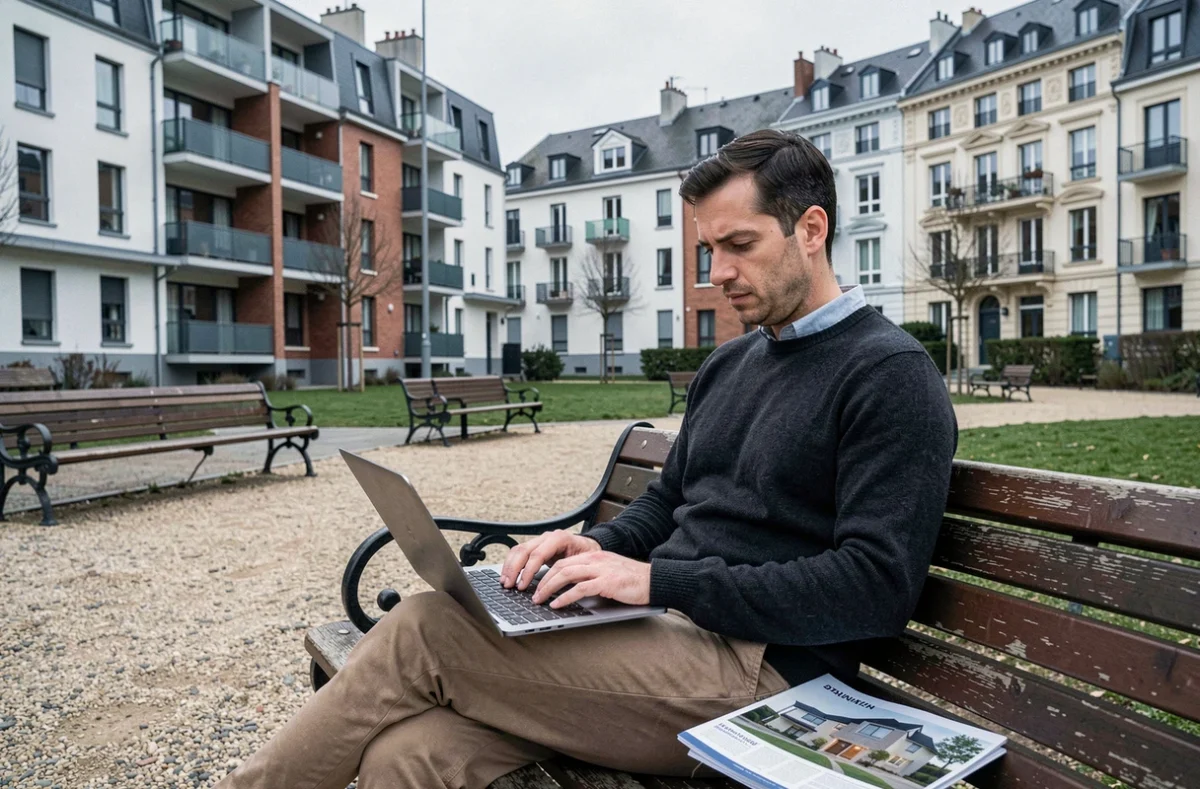Homme comparant des offres immobilières depuis un square résidentiel de Nantes pour choisir le meilleur quartier