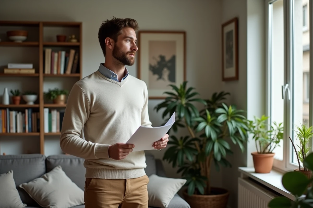 Homme regardant par la fenêtre avec une lettre à la main