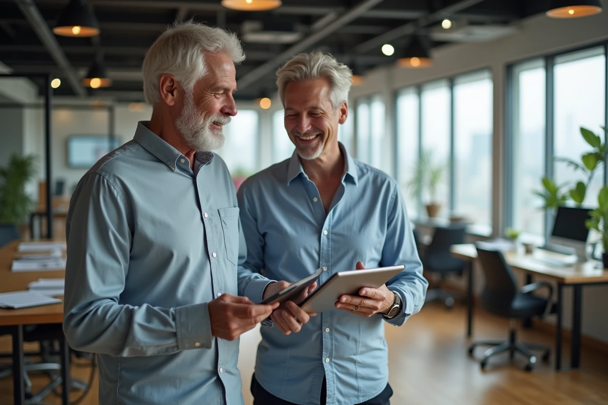 Homme d age discutant de biens immobiliers en coworking