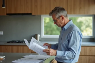 Homme d'âge moyen examinant des papiers dans une cuisine moderne