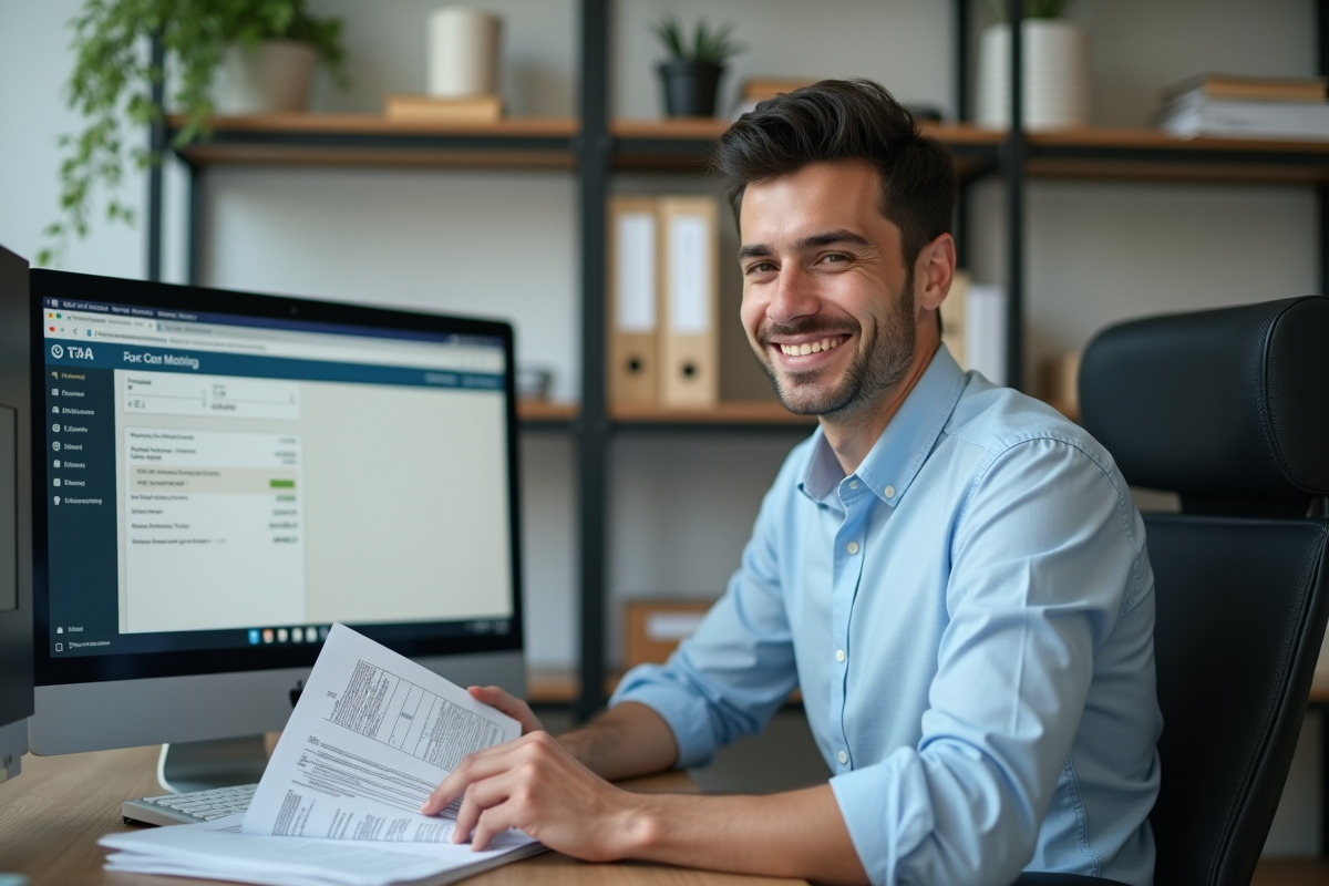 Jeune homme entrant des chiffres sur un ordinateur dans un bureau moderne