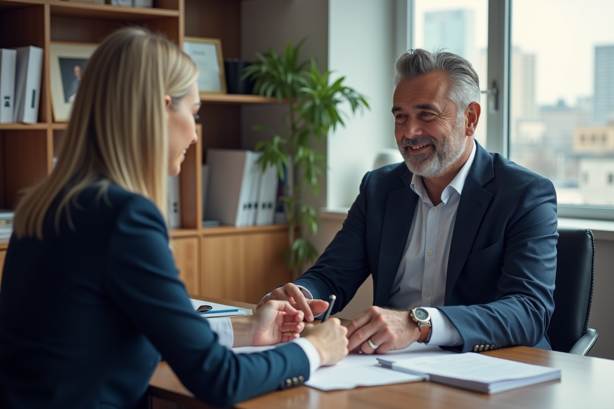 Homme d age signe des documents avec un agent immobilier dans un bureau