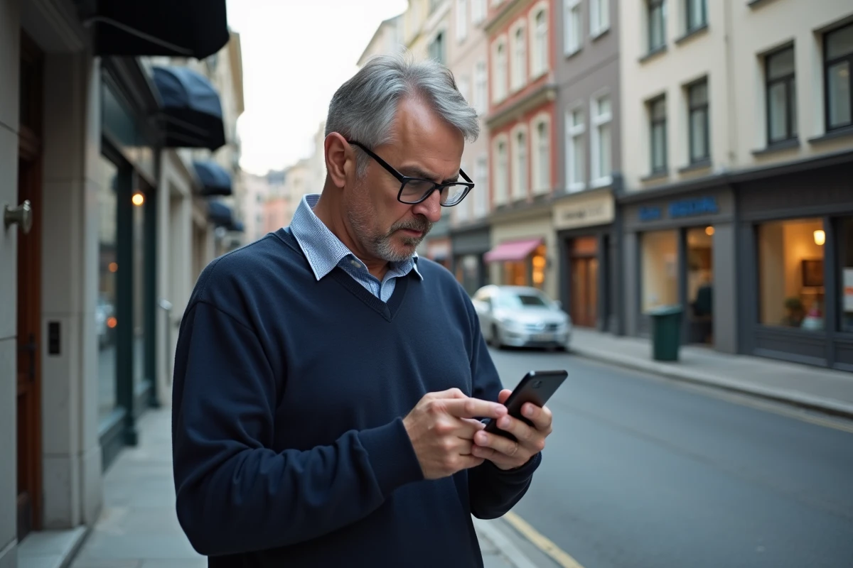 Homme d age comparant une annonce immobiliere avec un immeuble