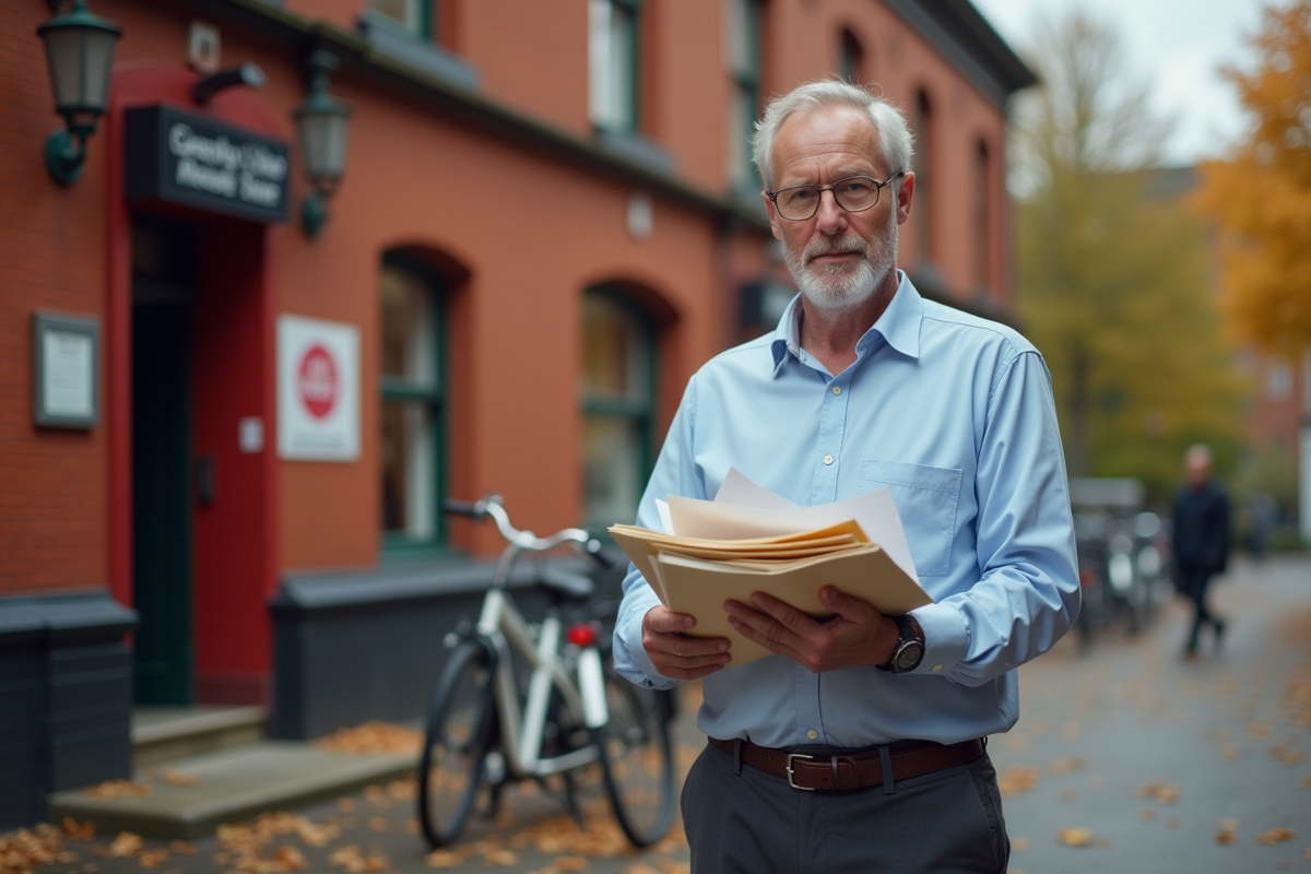 Homme avec lettres devant un bureau de poste en automne