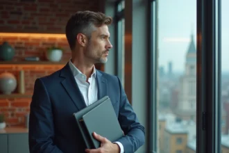 Homme en costume navy regardant par la fenêtre d'un appartement moderne