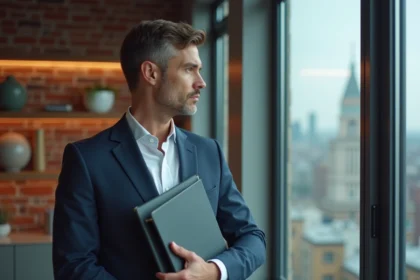Homme en costume navy regardant par la fenêtre d'un appartement moderne
