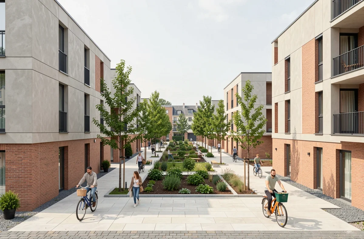 Aménagement urbain d'Icade avec logements neufs, promenade piétonne et espaces verts dans un quartier parisien