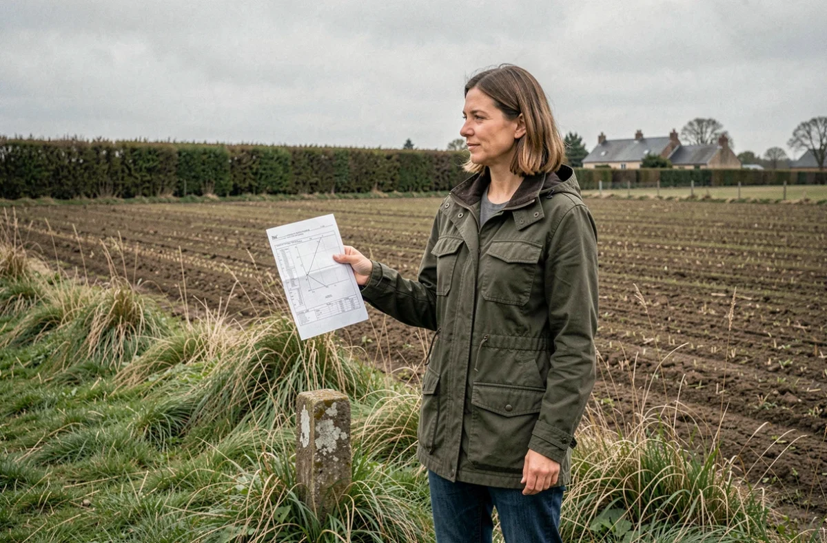 Une femme examinant un extrait cadastral devant une parcelle agricole délimitée par une borne en pierre dans la campagne française