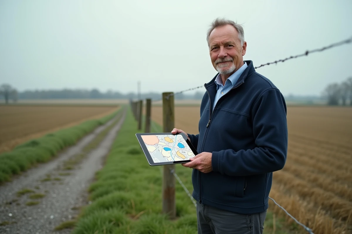 Homme debout dans un champ consultant une application cartographique foncière sur tablette pour identifier les parcelles et leurs propriétaires