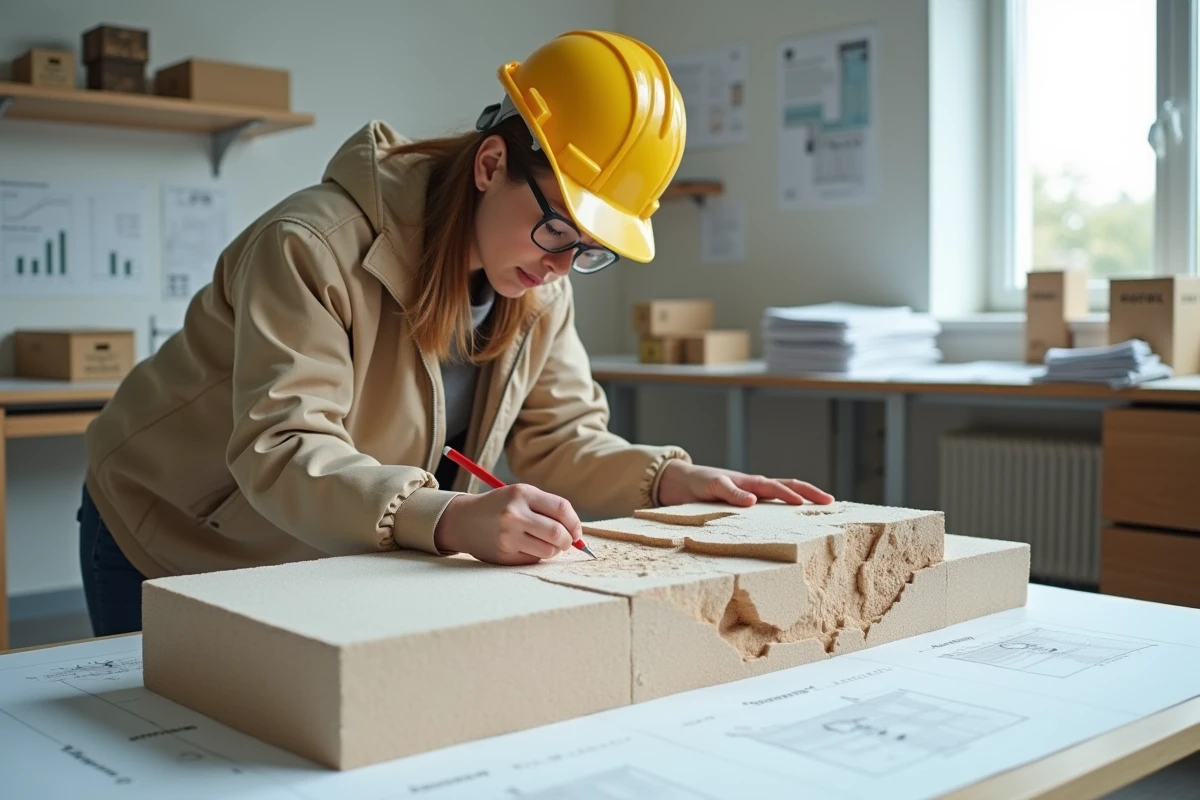 Jeune ingenieure en casque vert ajustant un modele architectural