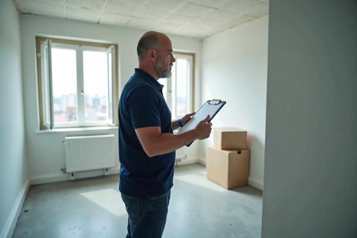 Propriétaire bailleur inspectant un appartement vide entre deux locations avec une liste de vérification