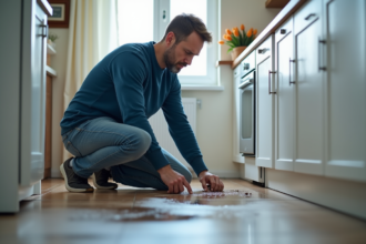 Homme inspectant une fuite d'eau dans la cuisine