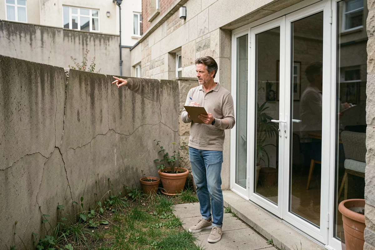 Couple inspectant le jardin privatif d'un appartement T3 rez-de-jardin avant la signature du bail