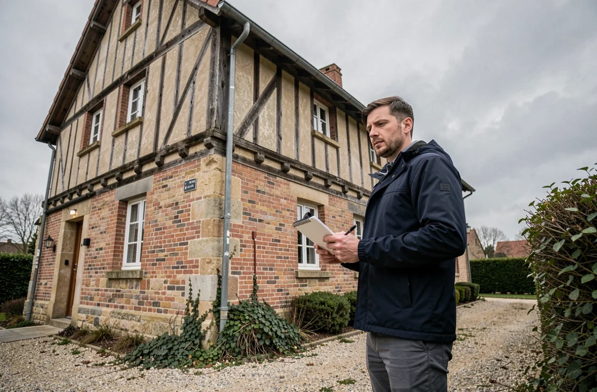 Futur locataire inspectant l'extérieur d'une maison à colombages normande avant la location