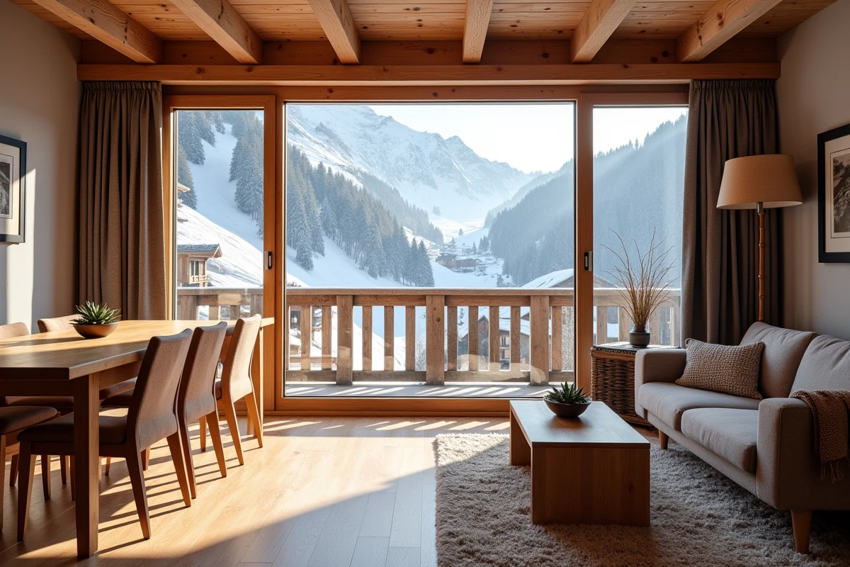 Salon lumineux d'un appartement à vendre aux Menuires avec vue panoramique sur les pistes de ski et décoration montagne contemporaine