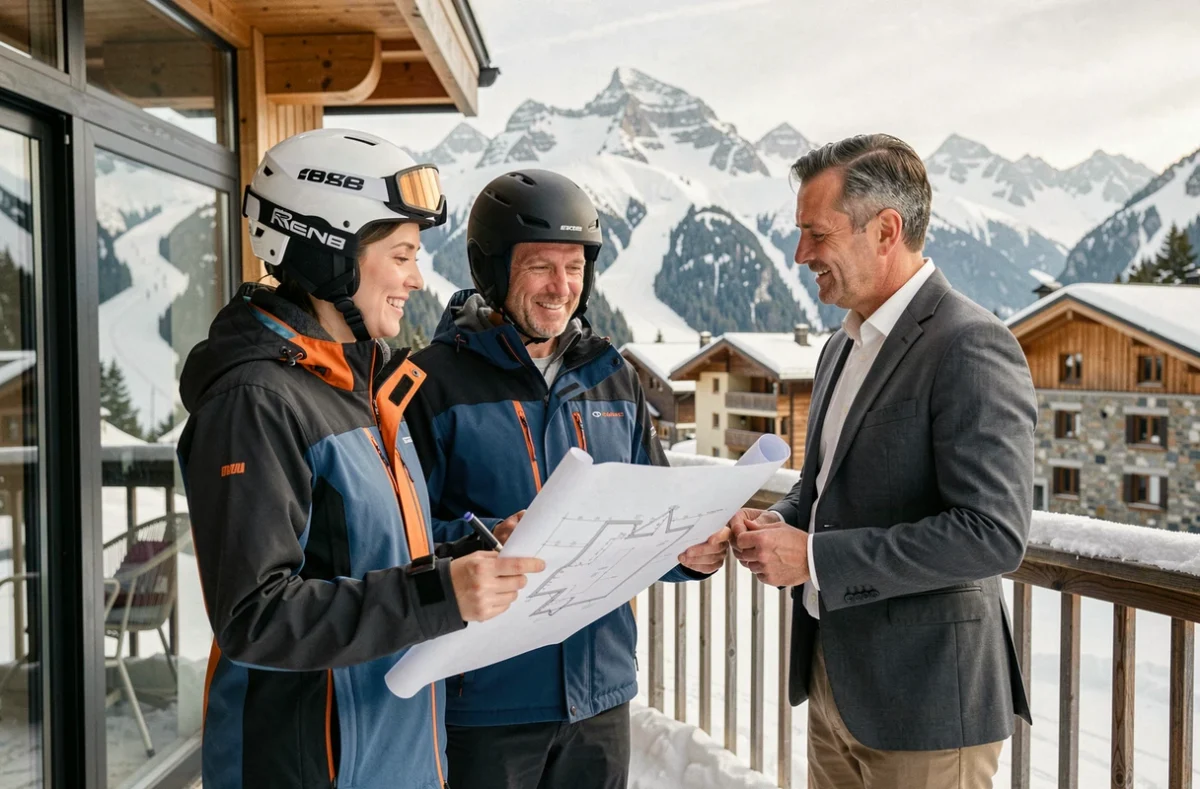 Couple et agent immobilier discutant d'un investissement dans un chalet aux Menuires avec les pistes de ski en arrière-plan