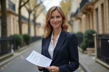 Investisseuse immobilière tenant un rapport de rentabilité locative devant des immeubles haussmanniens à Nogent-sur-Marne