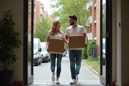 Jeune couple souriant en déménagement devant un immeuble