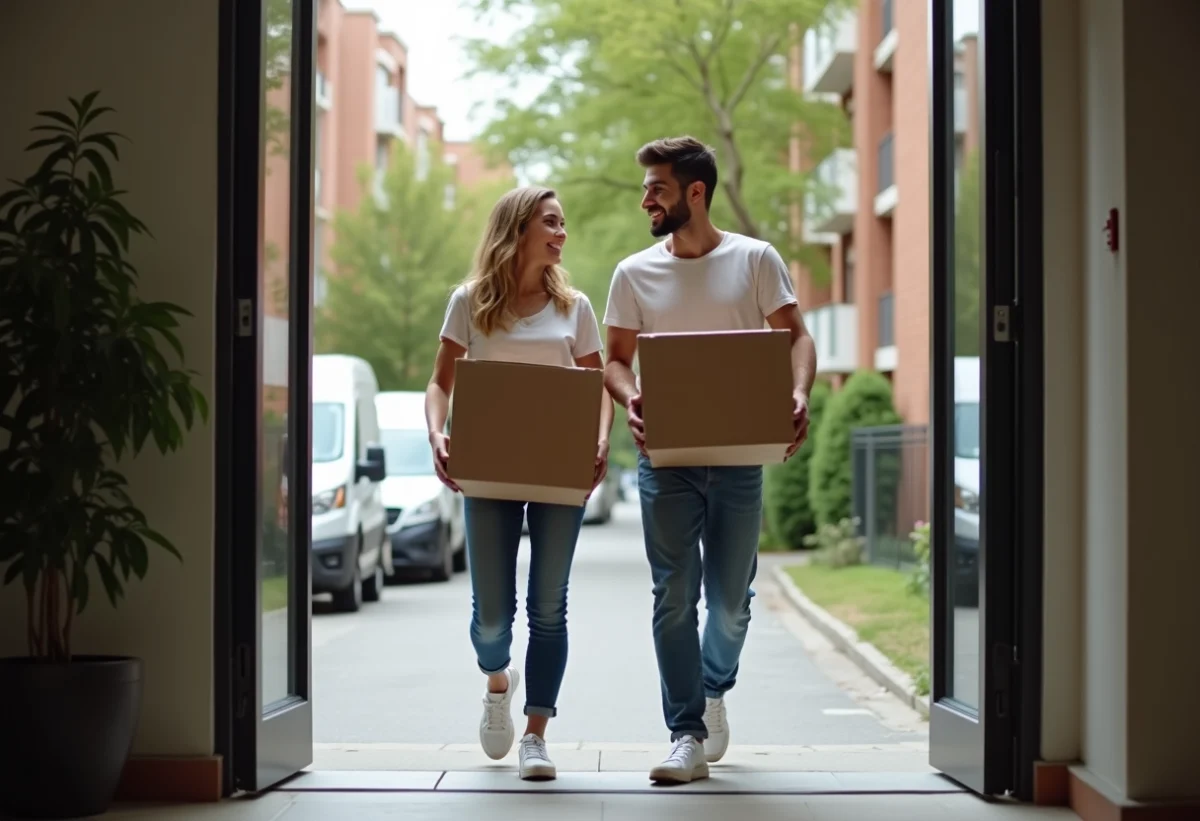 Jeune couple souriant en déménagement devant un immeuble