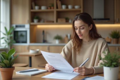 Jeune femme examine un contrat de location dans une cuisine lumineuse
