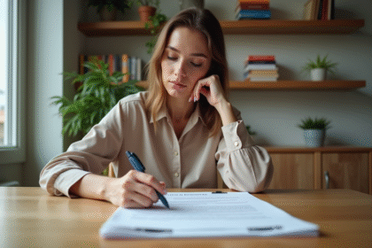 Jeune femme examine un contrat de location dans un appartement moderne
