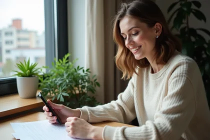 Jeune femme remplissant un contrat de location dans un appartement moderne