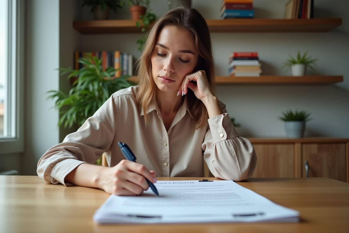 Jeune femme examine un contrat de location dans un appartement moderne