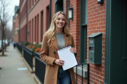 Jeune femme souriante devant un immeuble résidentiel