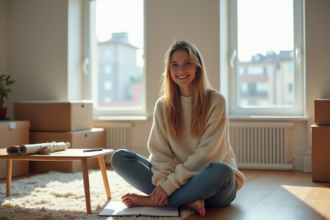 Jeune femme signant un contrat de location dans un appartement neuf