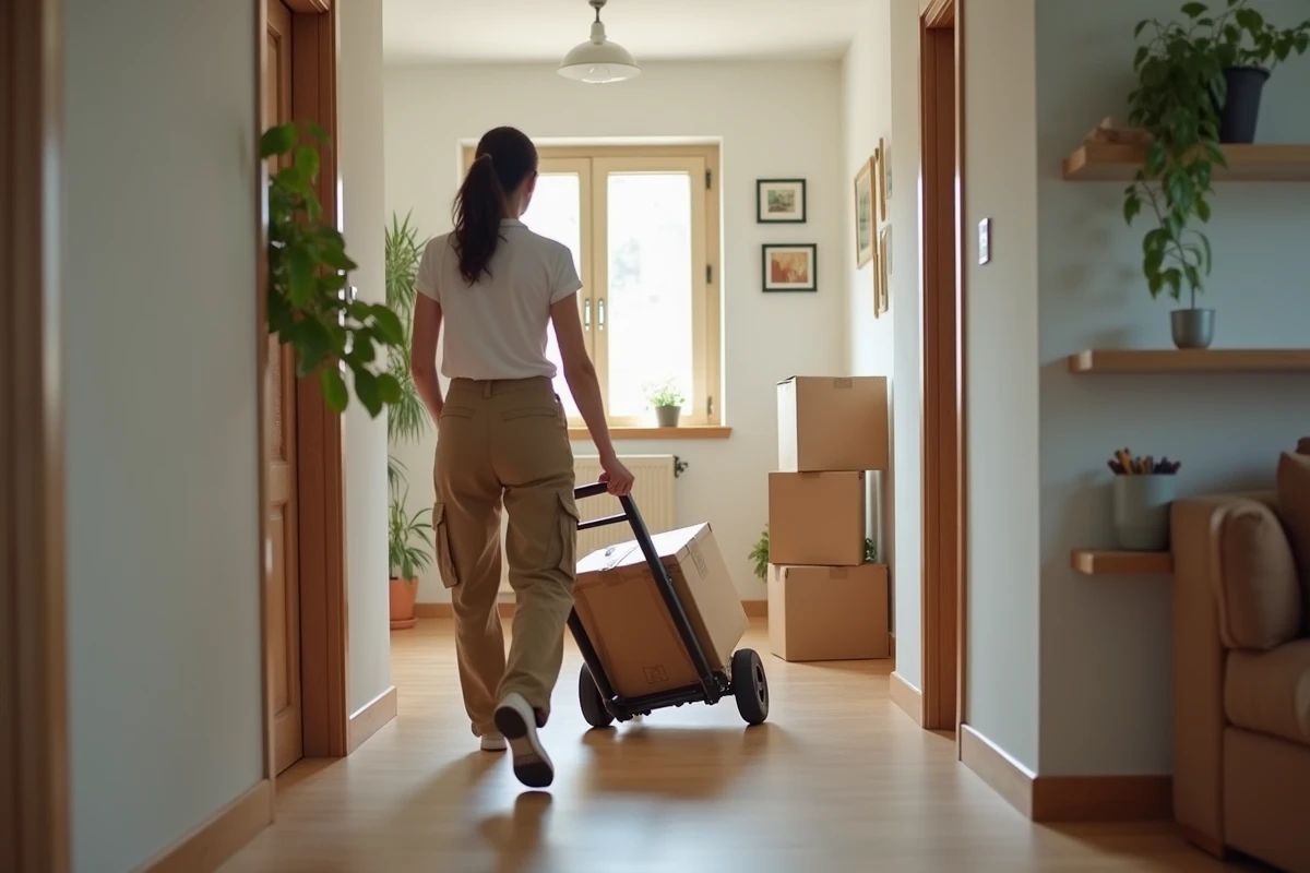 Jeune femme déplaçant des cartons dans un appartement moderne