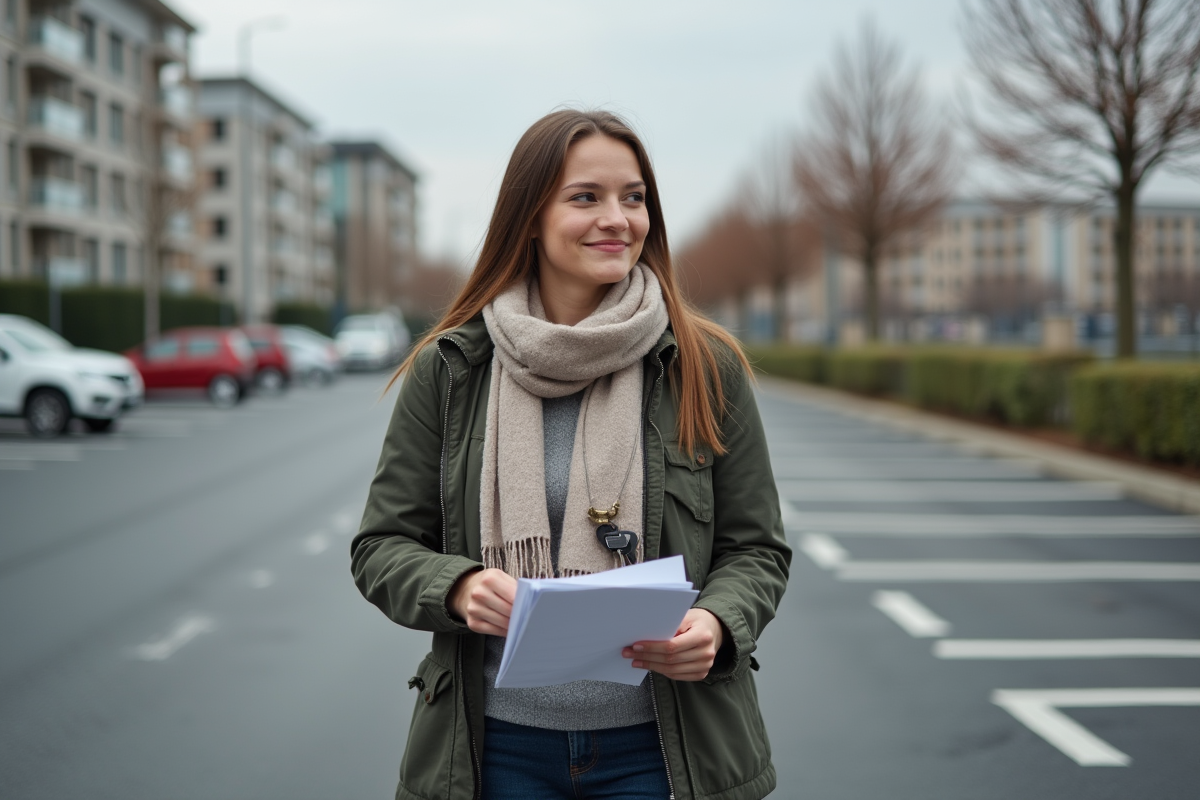 Jeune femme souriante avec documents et clés dans un parking urbain