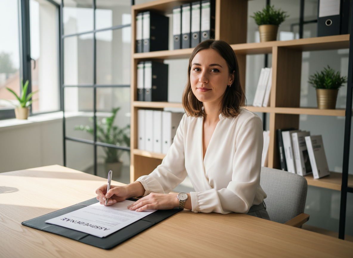 Jeune femme gestionnaire signant un document au bureau