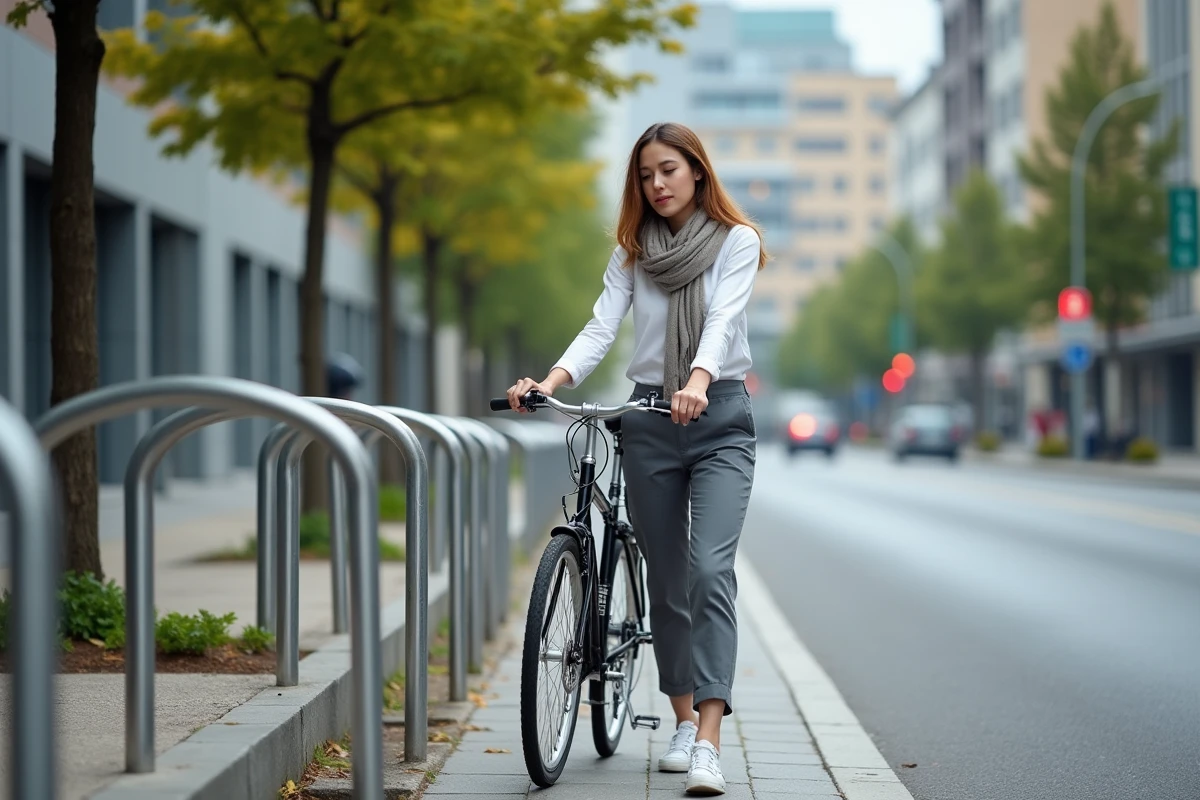 Jeune femme avec vélo dans un parking à vélos urbain