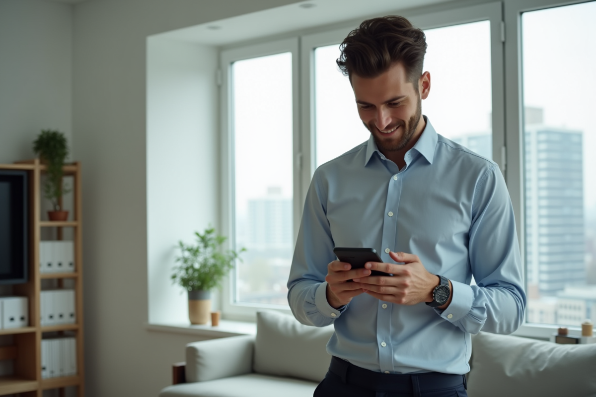 Jeune homme regardant son smartphone dans un salon urbain avec vue sur la ville