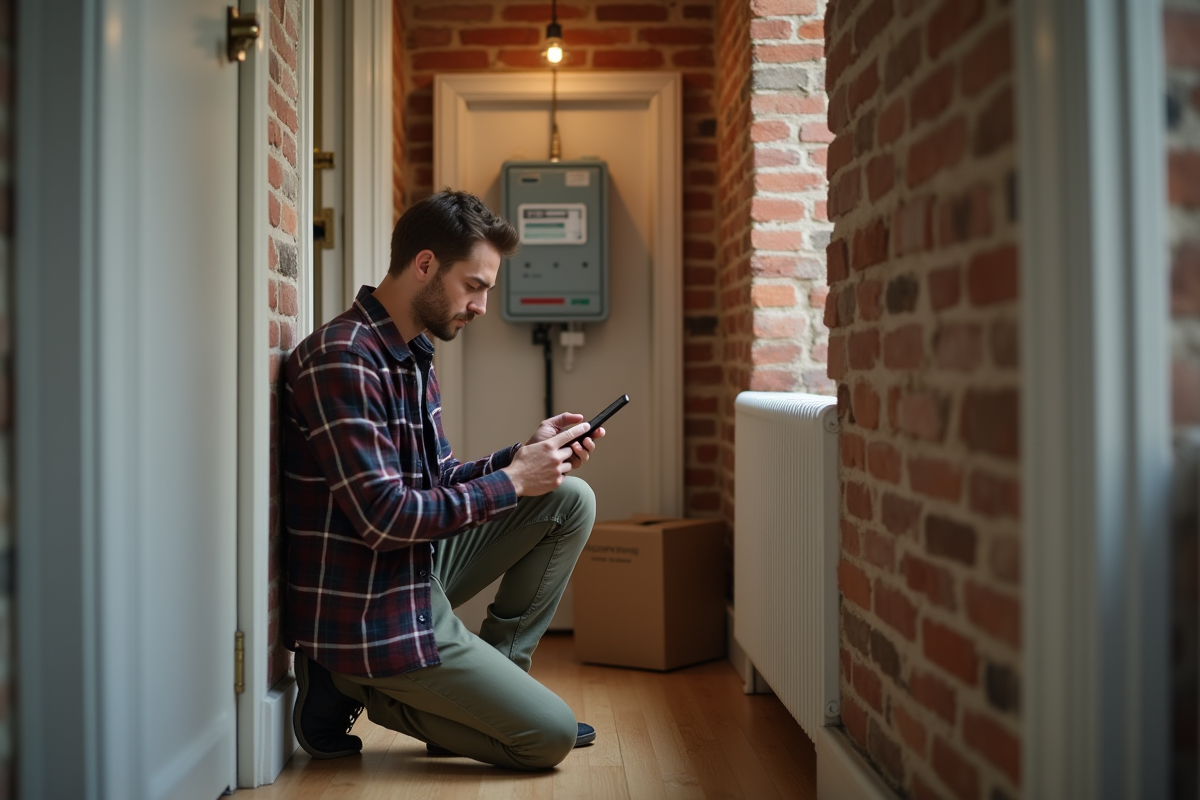 Jeune homme vérifiant le compteur électrique dans un couloir